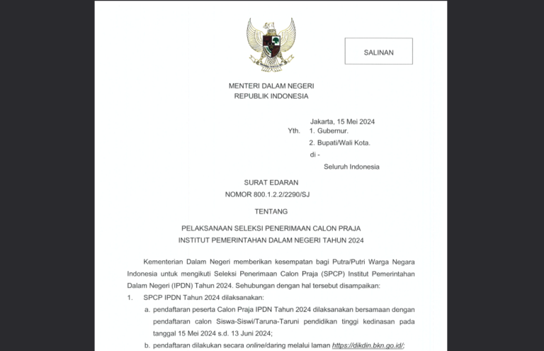 Surat Edaran Pelaksanaan Seleksi Penerimaan Calon Praja IPDN