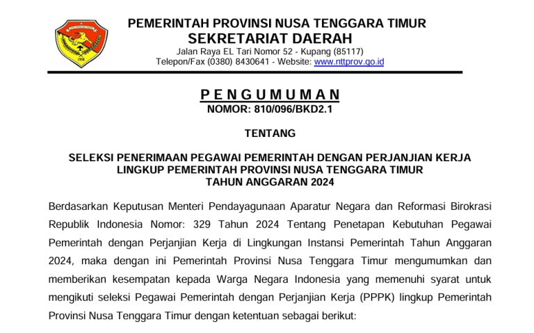 Pengumuman Penerimaan PPPK Pemerintah Provinsi NTT Tahun Anggaran 2024