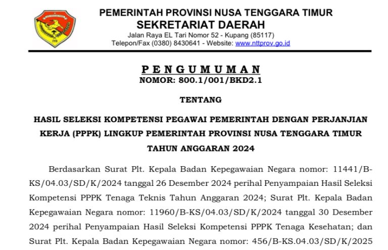 Pengumuman Hasil Seleksi Kompetensi PPPK Pemprov. NTT Tahun 2024