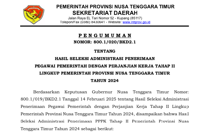 Pengumuman Hasil Seleksi Administrasi PPPK Tahap II Lingkup Pemerintah Provinsi NTT Tahun 2024