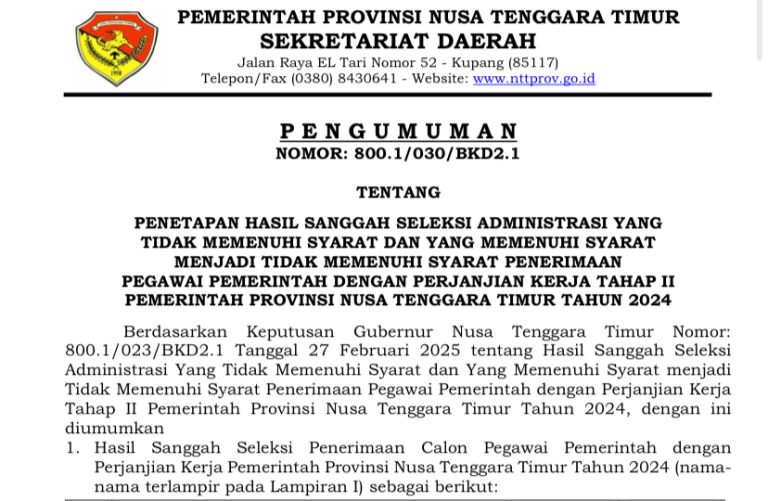 Pengumuman Penetapan Hasil Sanggah PPPK Tahap II Pemerintah Provinsi NTT Tahun 2024