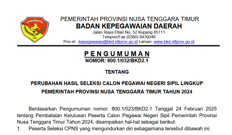 Pengumuman Perubahan Hasil Seleksi CPNS Pemerintah Provinsi NTT Tahun 2024