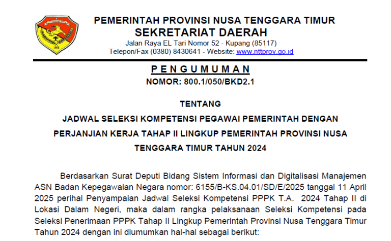 Pengumuman Jadwal Seleksi Kompetensi PPPK Tahap II Pemerintah Provinsi NTT Tahun 2024